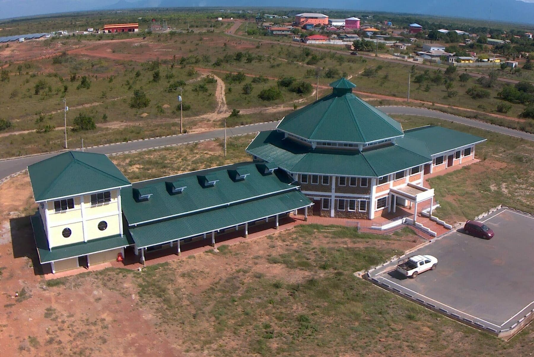 Aerial view of the green-roofed incubator centre on the Lethem Industrial Estate, Region 9